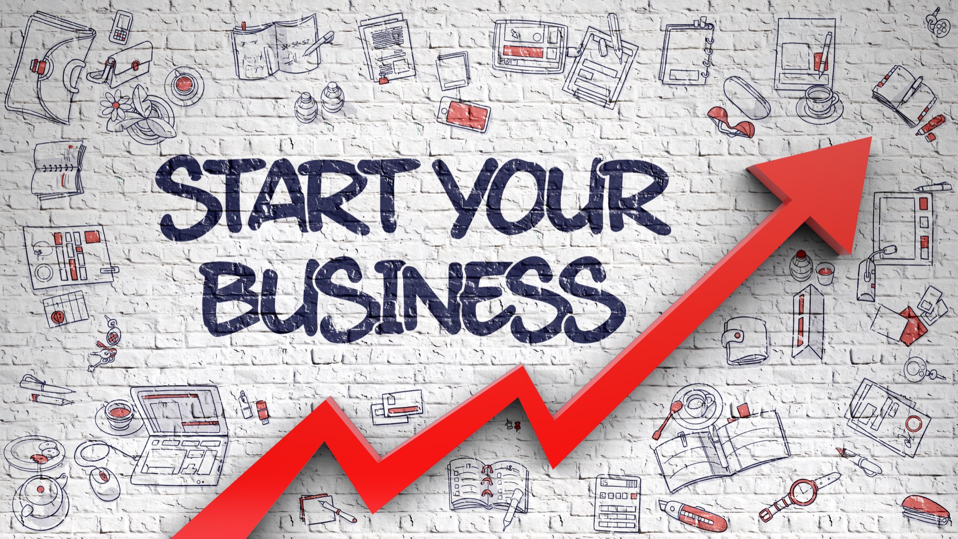 Start Your Business Drawn on White Brick Wall. Illustration with Hand Drawn Icons.